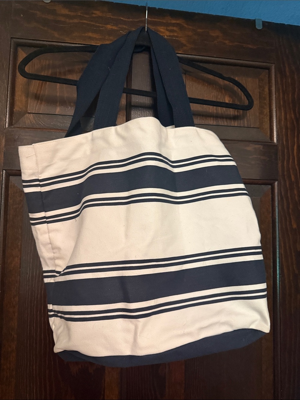 Canvas Striped Tote Bag in Navy and White
